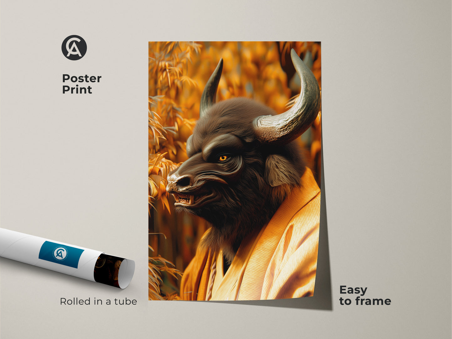 Poster print featuring a Minotaur Samurai in a tranquil bamboo setting. This museum-quality paper brings out the intricate details of the mythical warrior. The poster arrives rolled in a tube ensuring it's easy to frame. Add a touch of fantasy and Japanese culture to your space with this unique art.
