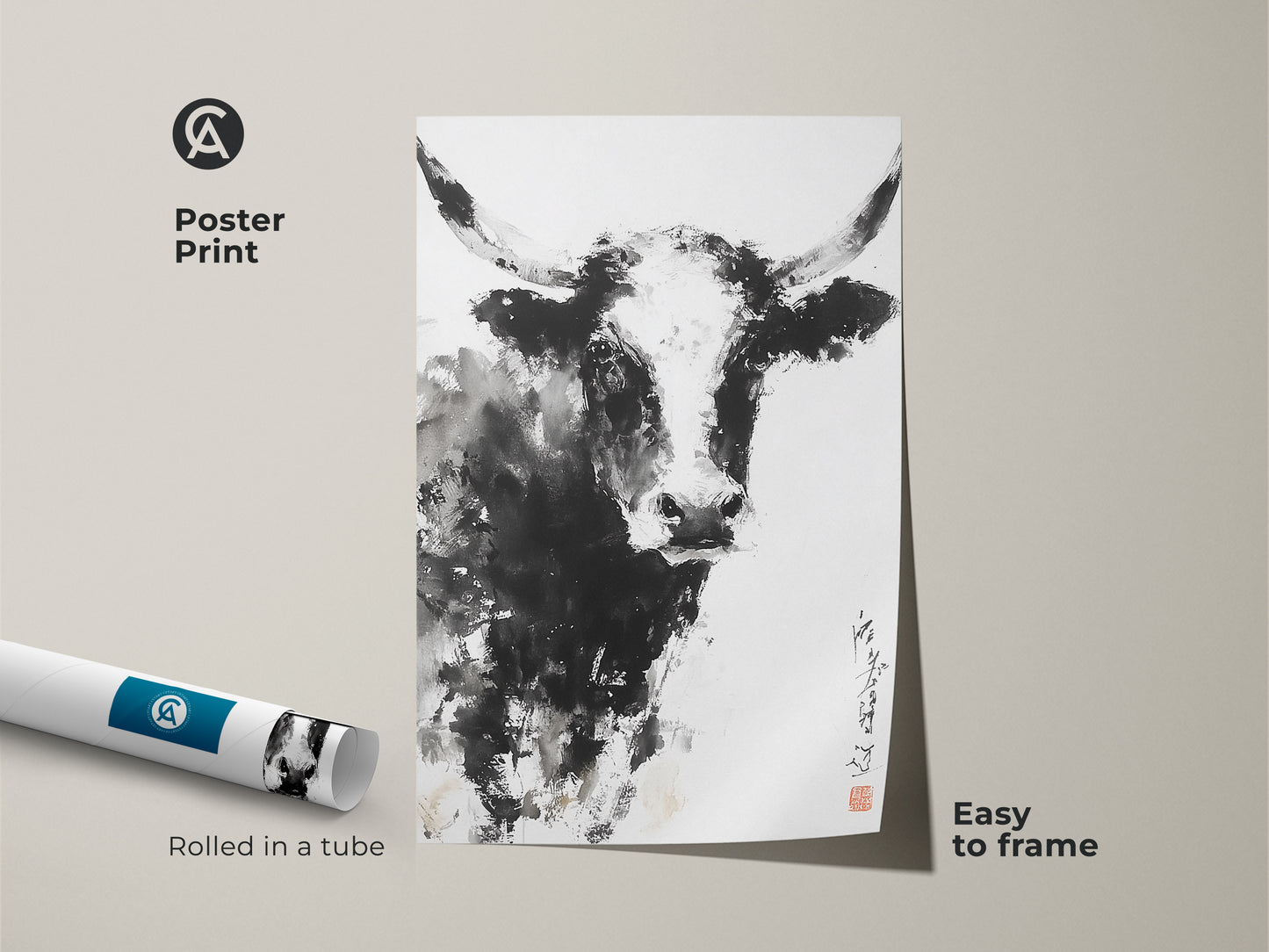 This is a poster print of a bull done in the ink wash style. The poster is easy to frame. The artwork features a bull with long horns. This print is rolled in a tube for protection. It makes a great gift for animal lovers.