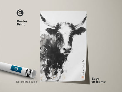 This is a poster print of a bull done in the ink wash style. The poster is easy to frame. The artwork features a bull with long horns. This print is rolled in a tube for protection. It makes a great gift for animal lovers.