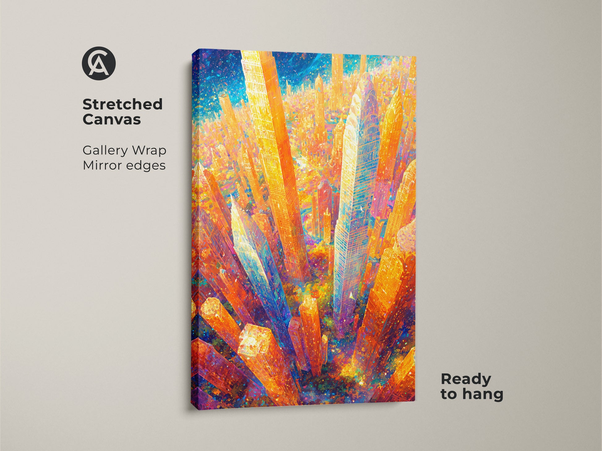 A stretched canvas print of a cityscape artwork is showcased. The gallery wrap and mirror edges add a modern touch. The artwork is ready to hang bringing urban vibrancy to any space.