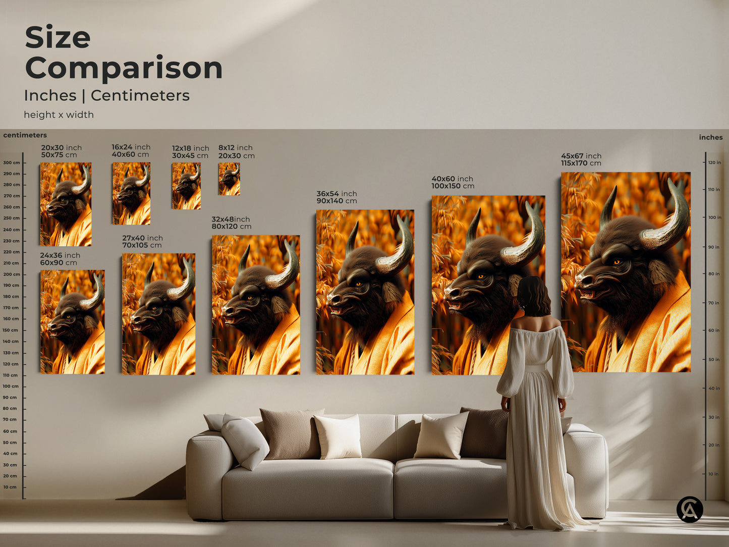 Size comparison of Minotaur Samurai artwork in inches and centimeters. See how the artwork scales in different sizes from small to large. Envision the impact of this unique piece on your wall decor. Select the perfect size to showcase this blend of mythology and Japanese warrior culture.