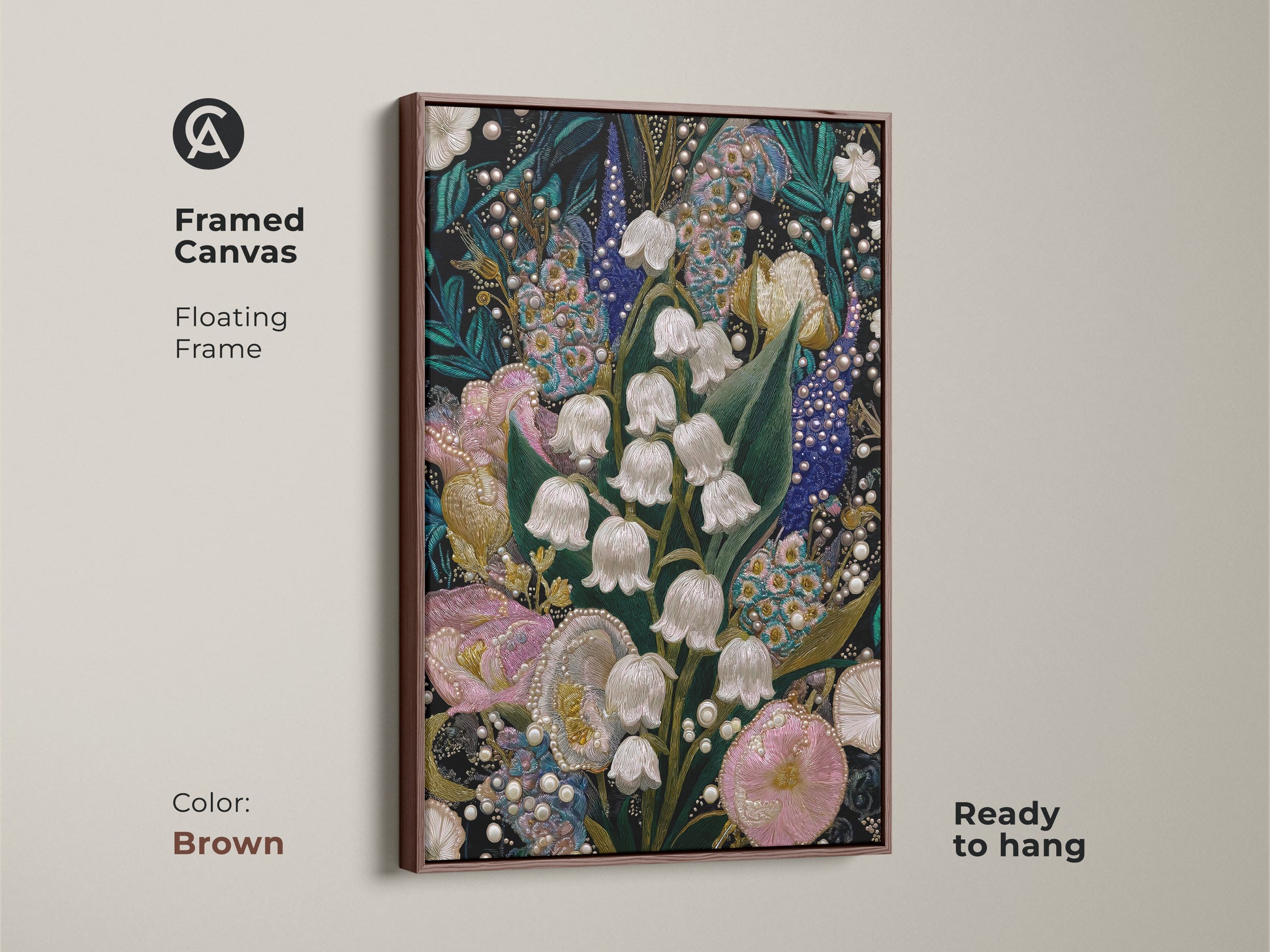 Brown framed canvas showcasing Lily of the Valley & Tulip Embroidery Art. The floating frame complements the textured nature print. Ready to hang this pink teal and white botanical artwork adds a fine art touch to any home.