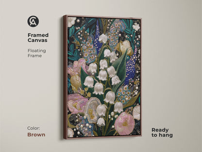 Brown framed canvas showcasing Lily of the Valley & Tulip Embroidery Art. The floating frame complements the textured nature print. Ready to hang this pink teal and white botanical artwork adds a fine art touch to any home.