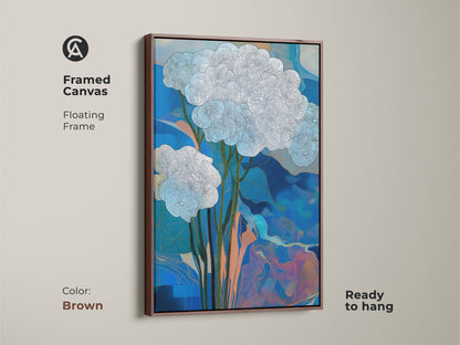 Framed canvas with brown floating frame displaying teal abstract flower print. This modern bedroom wall art is ready to hang. Perfect for adding contemporary nature artwork to your home. Discover unique floral line art today.