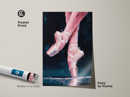 Poster print of ballerina feet artwork rolled in a tube. This ballet slipper painting is easy to frame. The artwork features pink feet and white pointe shoes. Add this museum-quality paper print to your collection.