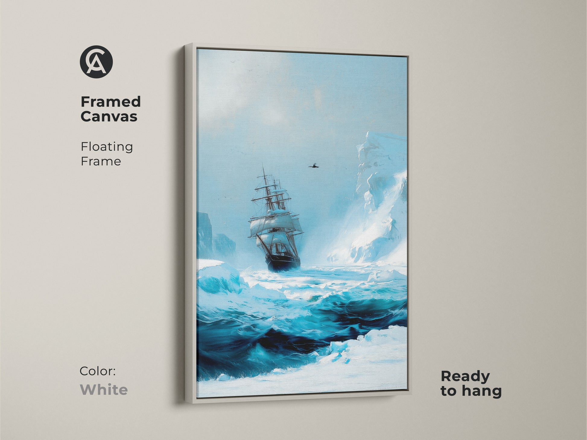 Arctic tall ship canvas art framed in white. The ocean blue seascape print offers a nautical touch. This maritime adventure decor is a perfect housewarming gift for history buffs.