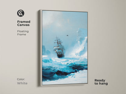 Arctic tall ship canvas art framed in white. The ocean blue seascape print offers a nautical touch. This maritime adventure decor is a perfect housewarming gift for history buffs.