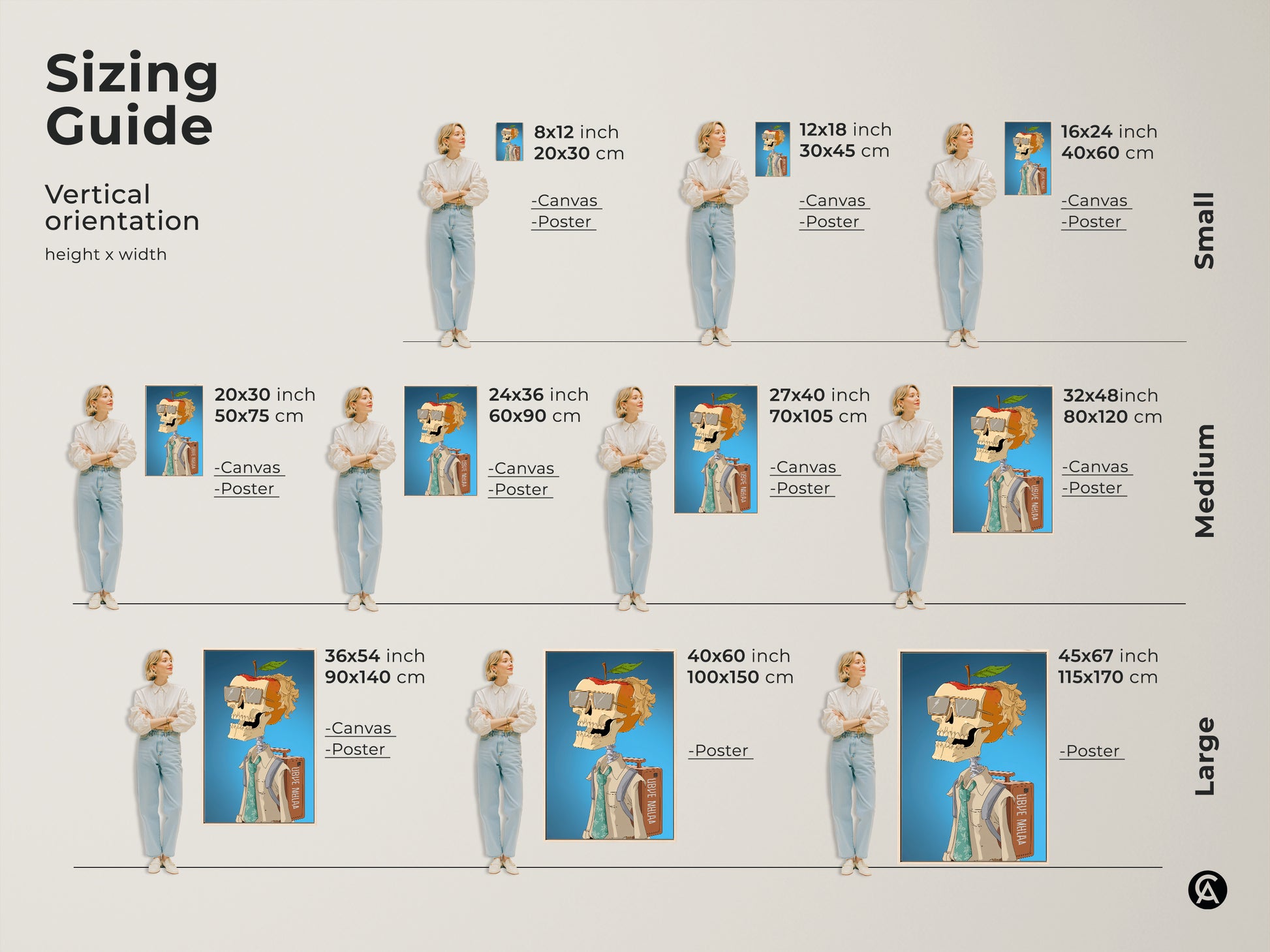 Sizing guide for skeleton apple head artwork. Visualize the art in various sizes from small to large. Options include canvas and poster prints to fit any space. Find the perfect size to make a statement in your home or office.