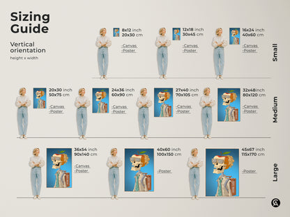 Sizing guide for skeleton apple head artwork. Visualize the art in various sizes from small to large. Options include canvas and poster prints to fit any space. Find the perfect size to make a statement in your home or office.