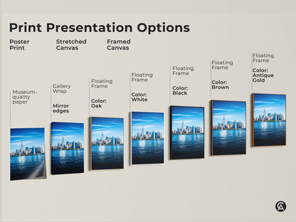 Explore print presentation options for the modern blue NYC skyline. Choose from poster prints stretched canvases or framed canvases. Find the perfect style for your office decor.