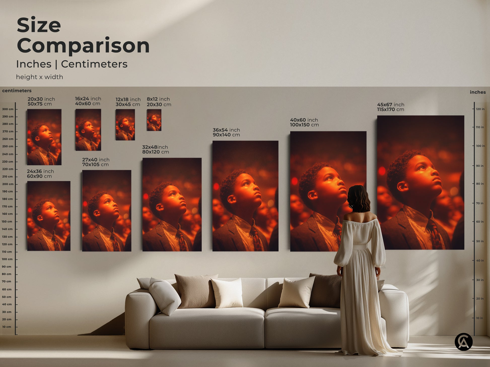 Size comparison of the artwork in inches and centimeters. Visualize how each size fits into your living space. From small to large find the ideal artwork to enhance your home decor. The artwork is stunning.