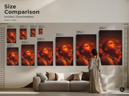 Size comparison of the artwork in inches and centimeters. Visualize how each size fits into your living space. From small to large find the ideal artwork to enhance your home decor. The artwork is stunning.