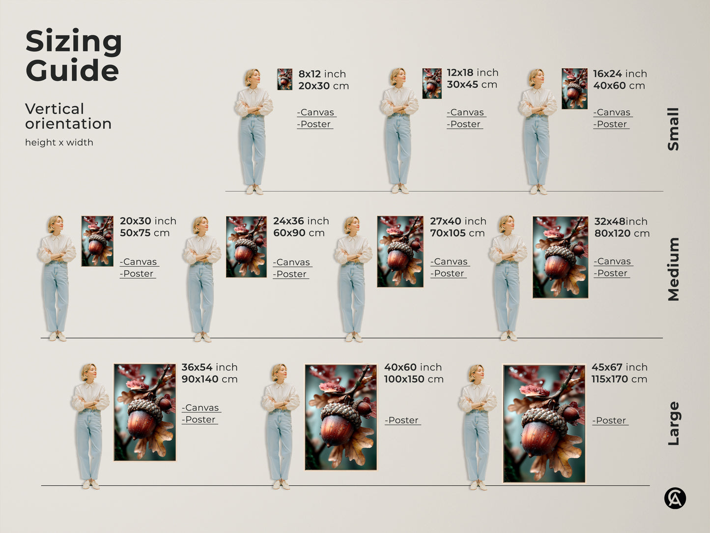 Find the perfect size with this acorn art sizing guide. Visualize how different sizes fit with canvas and poster options. From small to large find the art that suits your space. Make a statement with the right size.