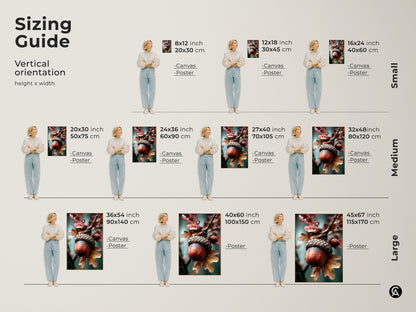 Find the perfect size with this acorn art sizing guide. Visualize how different sizes fit with canvas and poster options. From small to large find the art that suits your space. Make a statement with the right size.