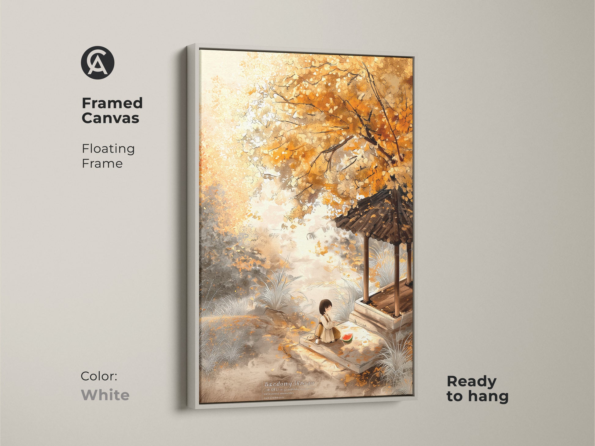 Framed canvas in white showcases a tranquil autumn scene. The artwork features a girl eating watermelon near a pagoda. Ready to hang the floating frame complements any interior decor style.