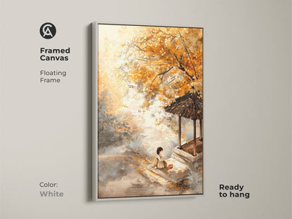 Framed canvas in white showcases a tranquil autumn scene. The artwork features a girl eating watermelon near a pagoda. Ready to hang the floating frame complements any interior decor style.