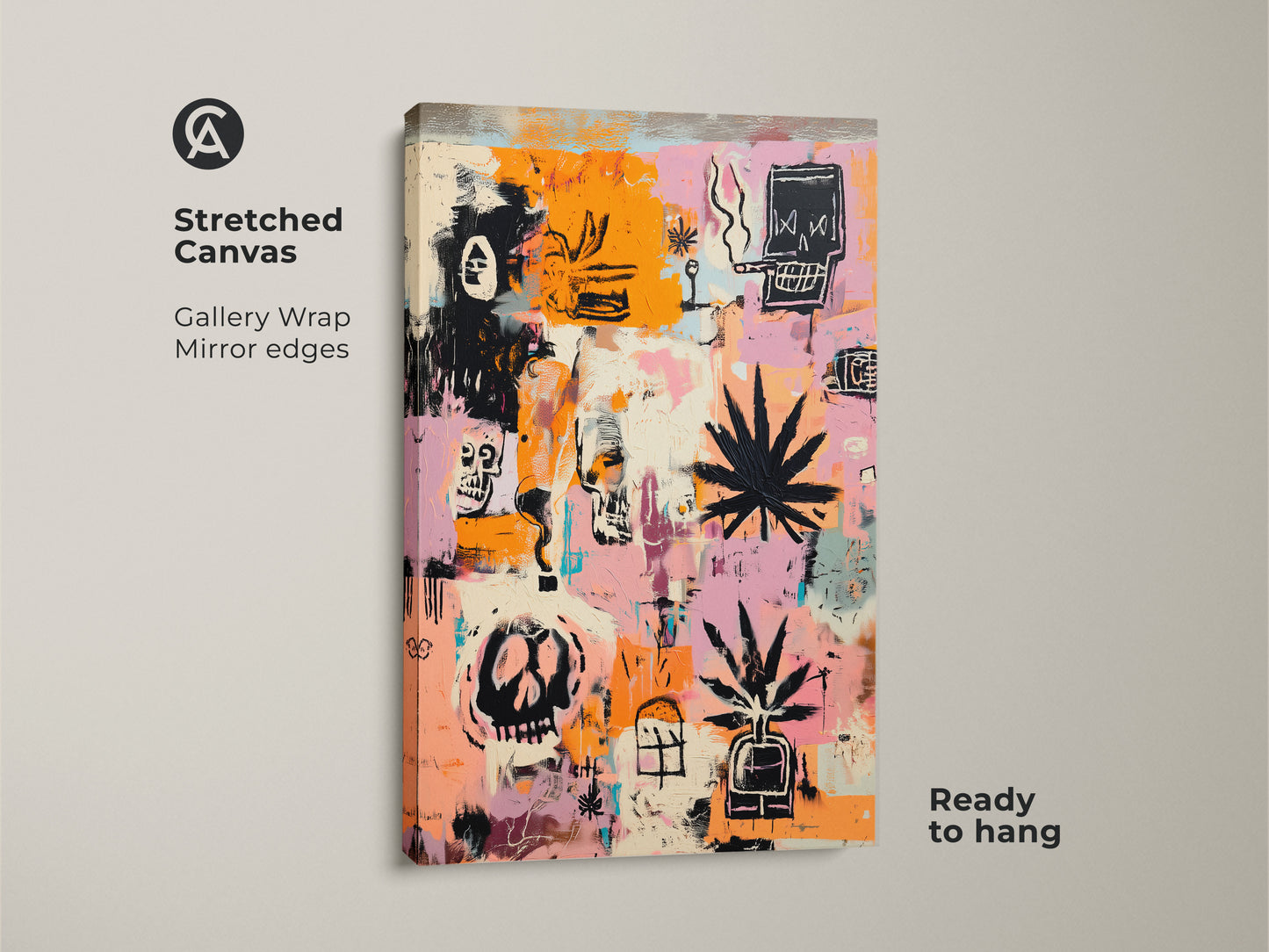 Close up of a stretched canvas print. The artwork features skulls and marijuana leaves in black. The background is a mix of orange and pink. The gallery wrap and mirror edges give it a clean modern look. Ready to hang.