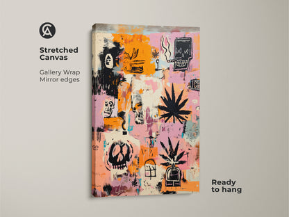 Close up of a stretched canvas print. The artwork features skulls and marijuana leaves in black. The background is a mix of orange and pink. The gallery wrap and mirror edges give it a clean modern look. Ready to hang.
