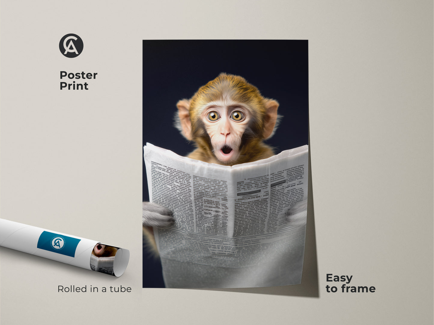 A poster print showcases a whimsical animal reading a newspaper. Rolled in a tube this newspaper themed art is easy to frame. The photorealistic monkey art adds a touch of humor to any space. Perfect for eclectic home decor this unique wall hanging sparks conversation. This animal portrait print is a thoughtful gift for office workers. The brown and yellow tones create a warm palette.