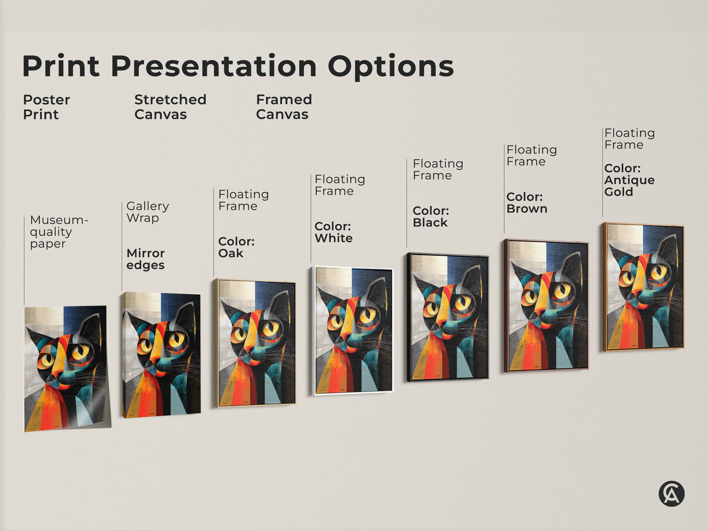Print presentation options for abstract cubist cat artwork. Choices include poster print stretched canvas and framed canvas. Floating frame colors are available in black brown white oak and antique gold. Find the perfect style for this modern feline art.