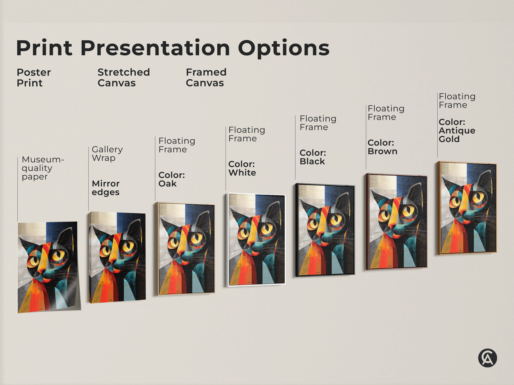 Print presentation options for abstract cubist cat artwork. Choices include poster print stretched canvas and framed canvas. Floating frame colors are available in black brown white oak and antique gold. Find the perfect style for this modern feline art.
