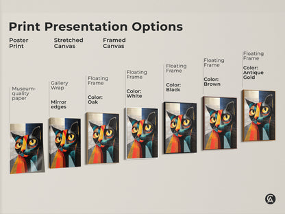Print presentation options for abstract cubist cat artwork. Choices include poster print stretched canvas and framed canvas. Floating frame colors are available in black brown white oak and antique gold. Find the perfect style for this modern feline art.