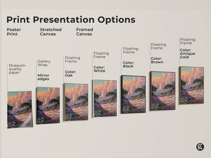 Explore various print presentation options for this fantasy landscape canvas art. Choose from poster print stretched canvas or framed canvas. Options include black brown antique gold and white frames. Find the perfect style to match your boho home decor.