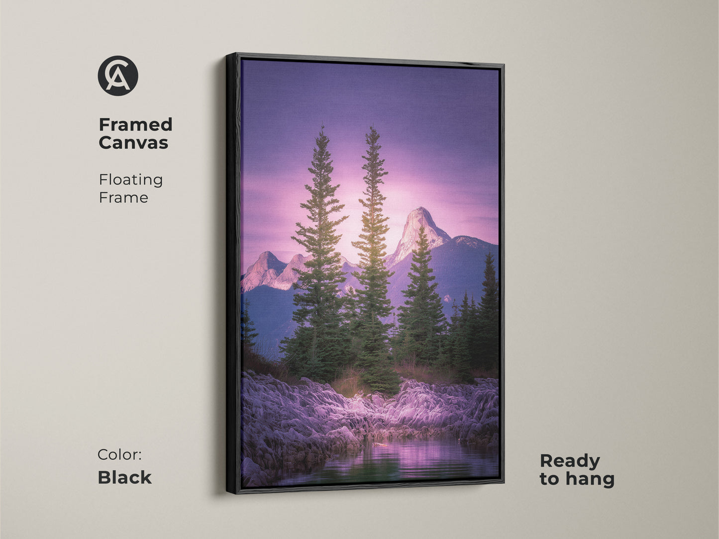 Framed canvas of a rocky shoreline art print. Black floating frame enhances the mountain artwork. Pine trees and violet sky create a serene view. Ready to hang in any home or office space.