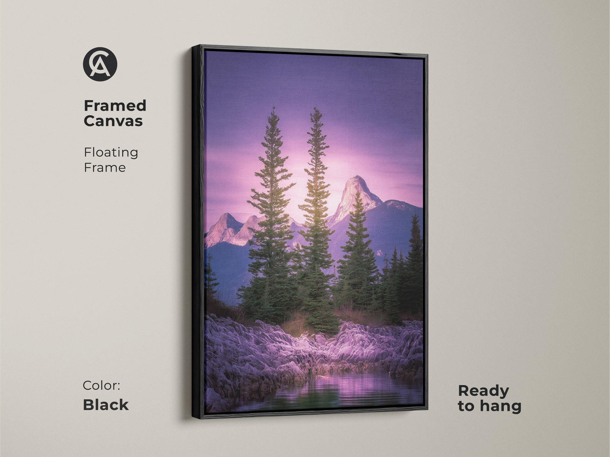 Framed canvas of a rocky shoreline art print. Black floating frame enhances the mountain artwork. Pine trees and violet sky create a serene view. Ready to hang in any home or office space.