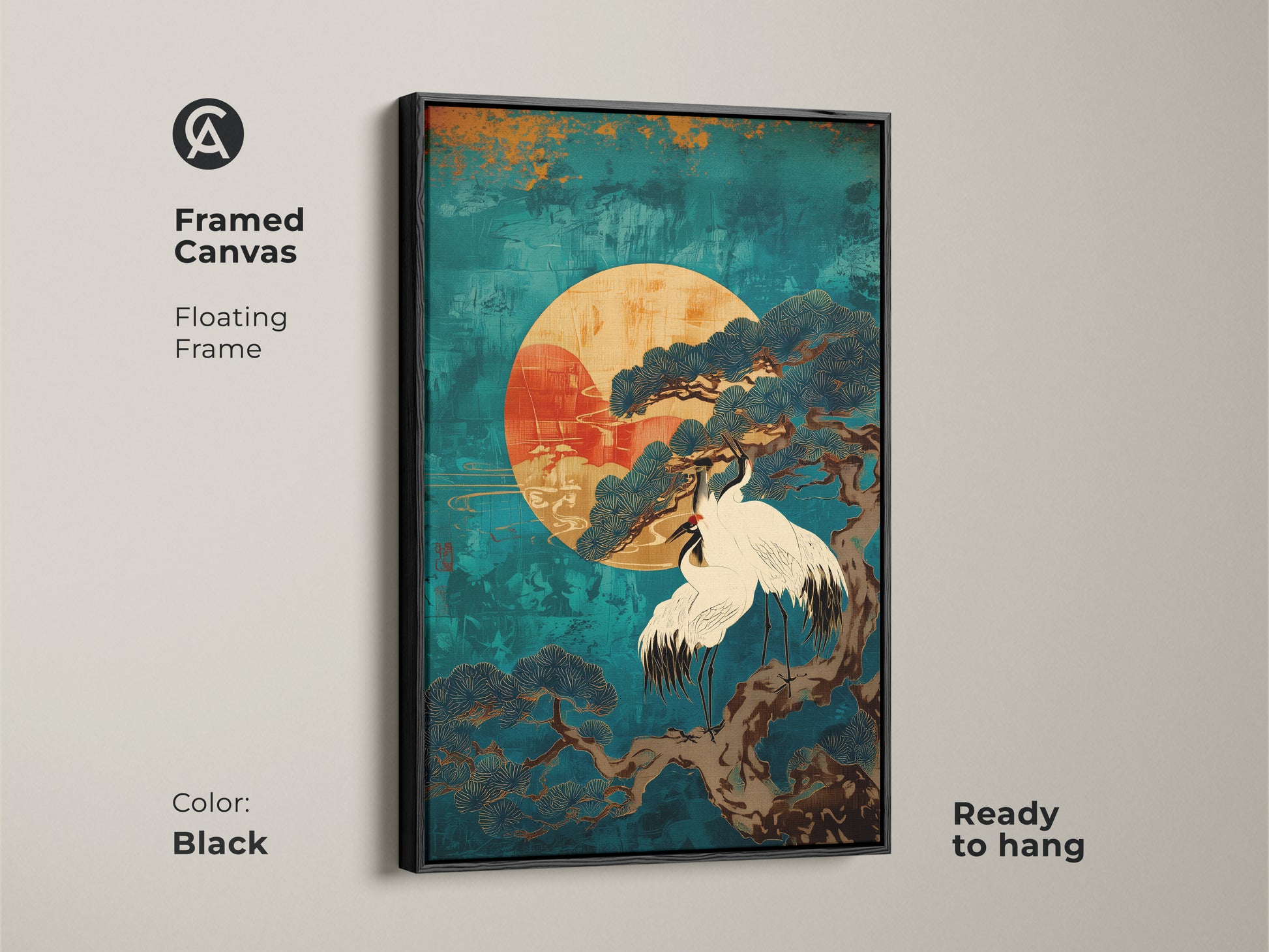 Framed Canvas with black floating frame of Japandi Teal Cranes and Pine Tree artwork. Ready to hang this Japanese style art adds a touch of tranquility and elegance. A perfect piece of meditation room art this zen ink artwork provides a spiritual element to any home decor featuring natural beauty.