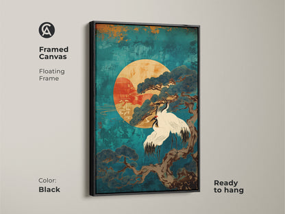 Framed Canvas with black floating frame of Japandi Teal Cranes and Pine Tree artwork. Ready to hang this Japanese style art adds a touch of tranquility and elegance. A perfect piece of meditation room art this zen ink artwork provides a spiritual element to any home decor featuring natural beauty.