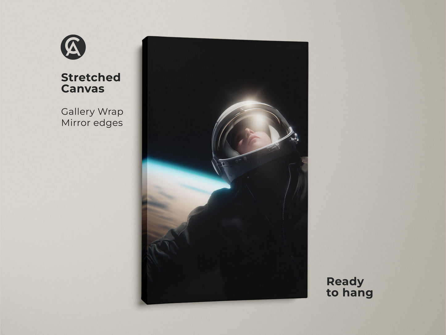 This stretched canvas art shows an astronaut floating in space. This gallery-wrapped canvas features mirrored edges. It comes ready to hang. The black and white tones with a hint of blue make it a modern piece. Perfect for adding inspiration to any workplace or as a graduation gift.
