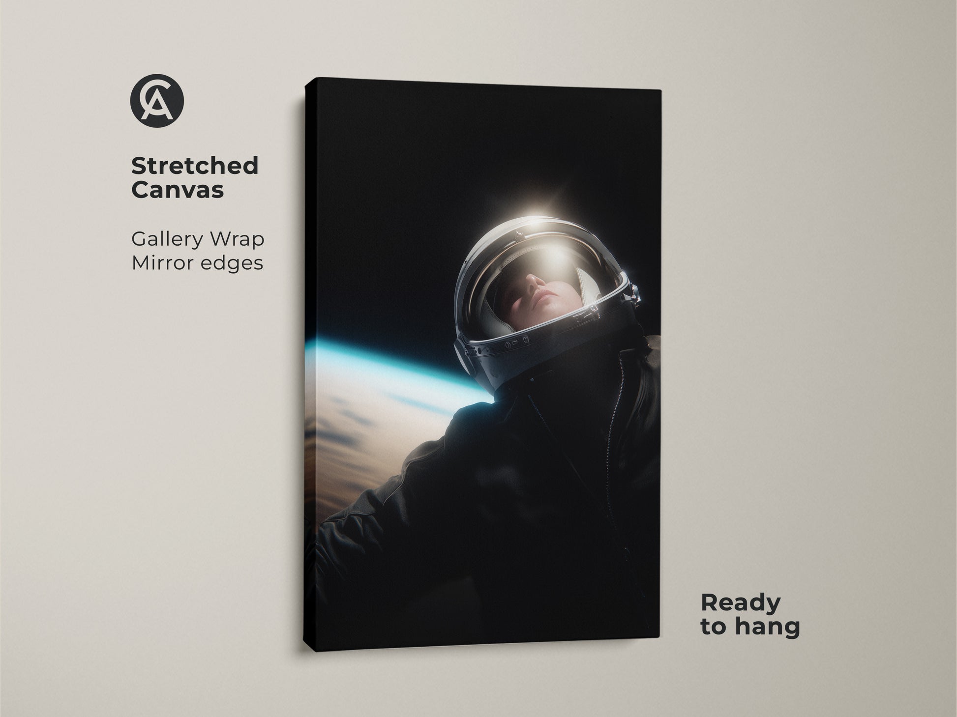 This stretched canvas art shows an astronaut floating in space. This gallery-wrapped canvas features mirrored edges. It comes ready to hang. The black and white tones with a hint of blue make it a modern piece. Perfect for adding inspiration to any workplace or as a graduation gift.