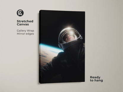 This stretched canvas art shows an astronaut floating in space. This gallery-wrapped canvas features mirrored edges. It comes ready to hang. The black and white tones with a hint of blue make it a modern piece. Perfect for adding inspiration to any workplace or as a graduation gift.