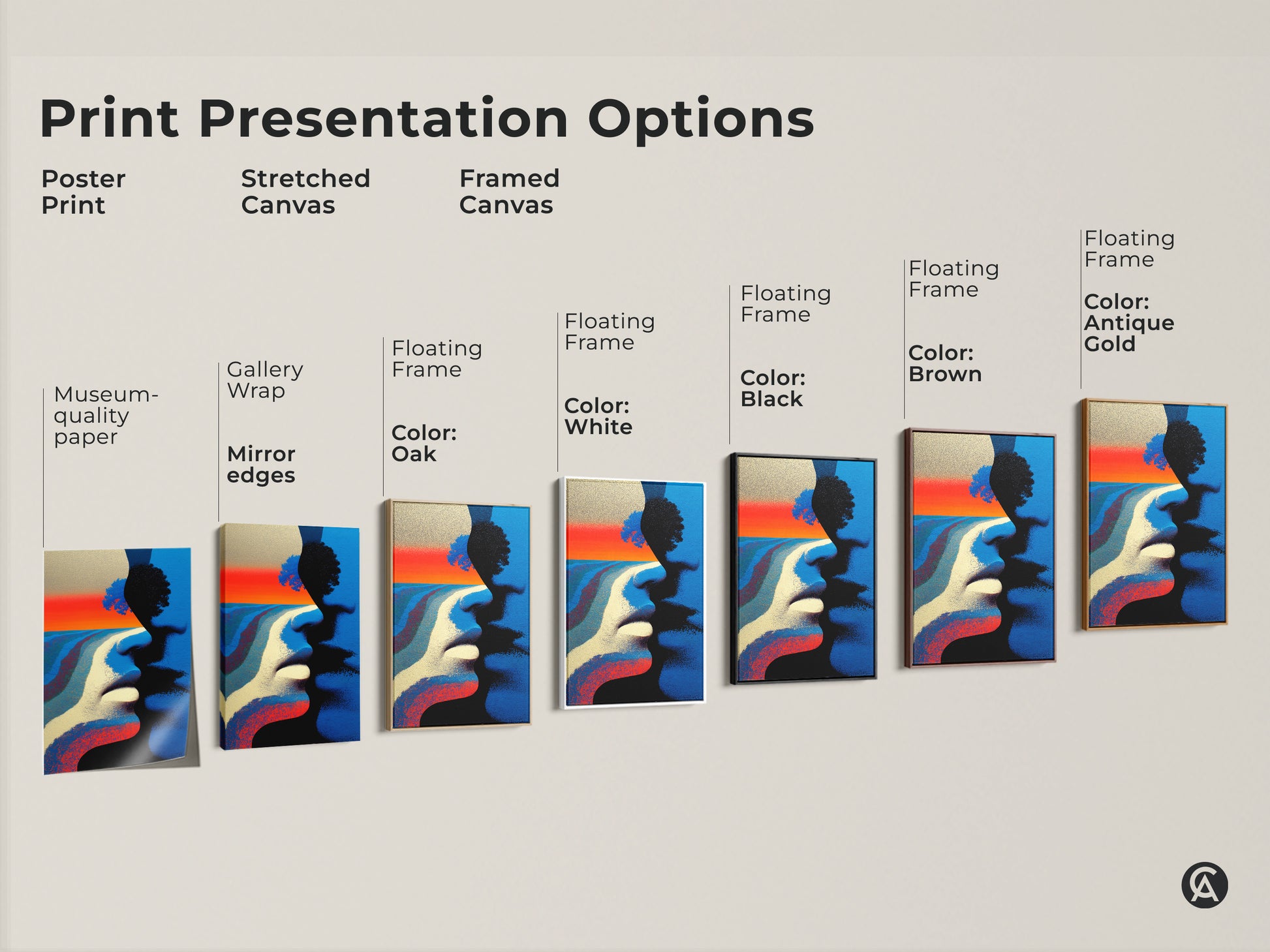 Sizing guide for the vertical couple faces tree landscape artwork. Available as canvas or poster in sizes from small to large. Find the perfect fit for any room with this figurative abstract art.