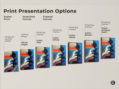 Sizing guide for the vertical couple faces tree landscape artwork. Available as canvas or poster in sizes from small to large. Find the perfect fit for any room with this figurative abstract art.