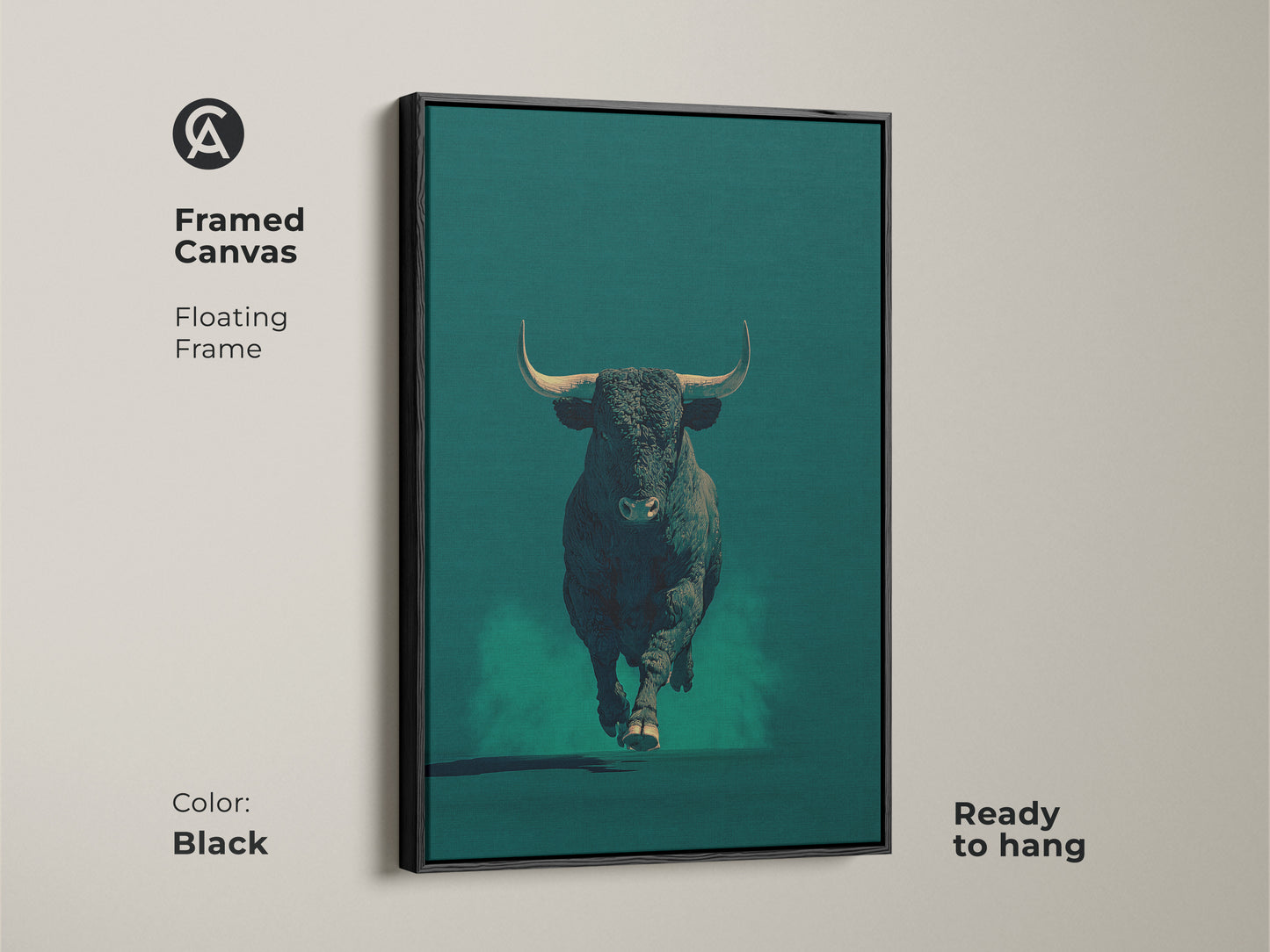 Framed canvas featuring a bull in dark teal with a black floating frame. This modern animal artwork is ready to hang. Perfect for office wall decor. It adds a touch of sophistication to any space. It is ready to hang.