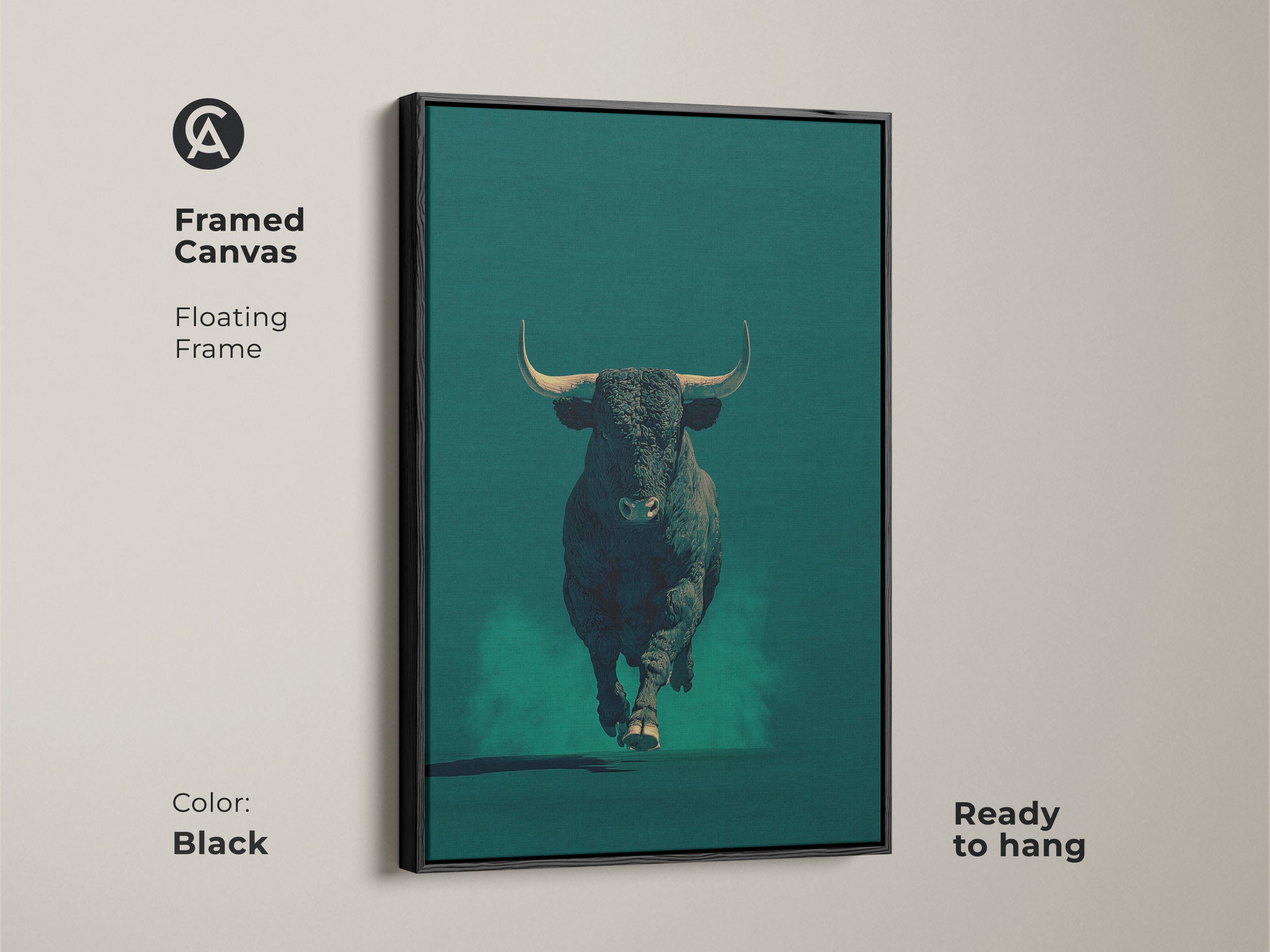 Framed canvas featuring a bull in dark teal with a black floating frame. This modern animal artwork is ready to hang. Perfect for office wall decor. It adds a touch of sophistication to any space. It is ready to hang.