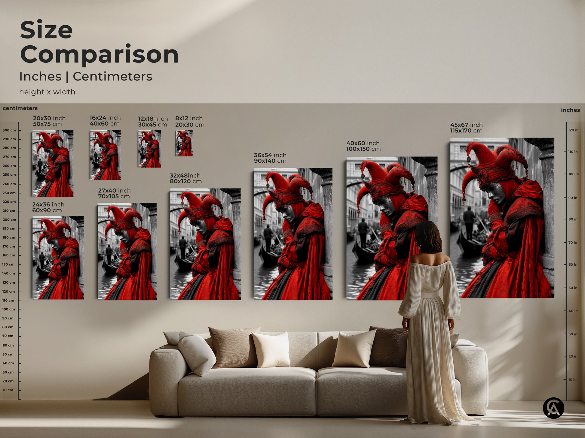 Size comparison of Venetian jester artwork in inches and centimeters. Visualize the scale of canvas and poster prints. Choose the perfect size for your Venice art to match your space.