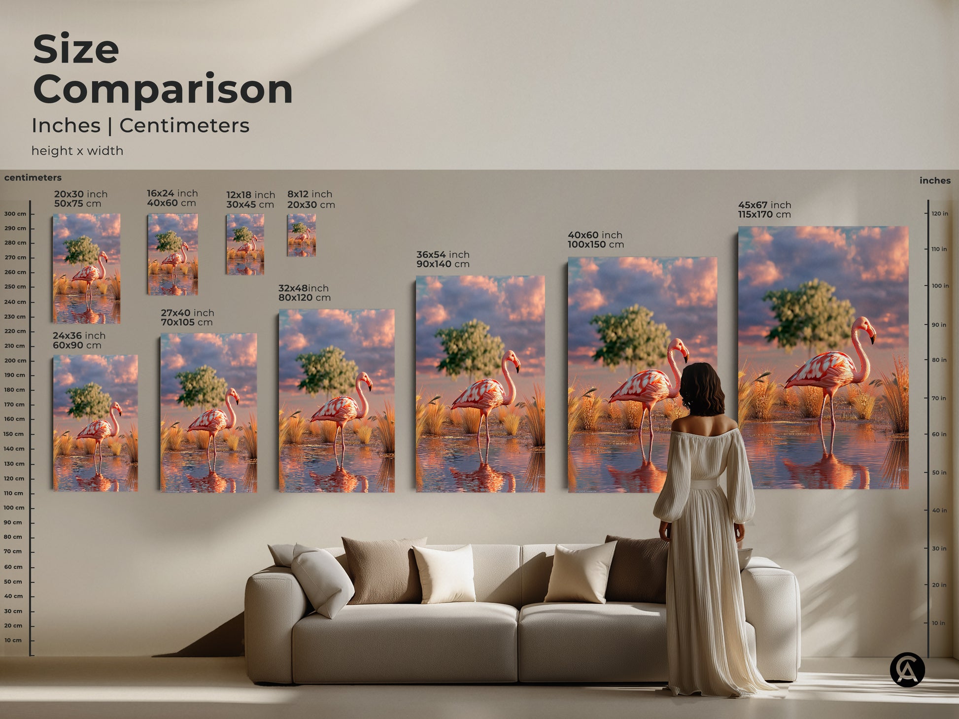 Size comparison of flamingo artwork. See how canvas and poster prints fit above a sofa. Visualize different sizes to enhance your wall decor. Choose the perfect bird lover gift in pink teal and orange. Find the ideal animal print for your home.