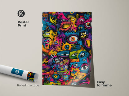 Poster Print of Graffiti Pop Art. A high-quality poster print featuring a colorful graffiti artwork. The many eyes and mouths create a unique texture. Easy to frame and perfect for adding a bold statement to any room. Purchase today!