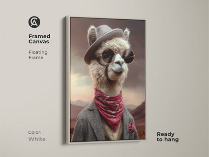 Framed canvas artwork of a Dapper Alpaca with a white floating frame. This Alpaca portrait has cowboy hat sunglasses and a red bandana. This ready to hang tan red and brown art adds personality to any space. It is perfect for eclectic home decor.