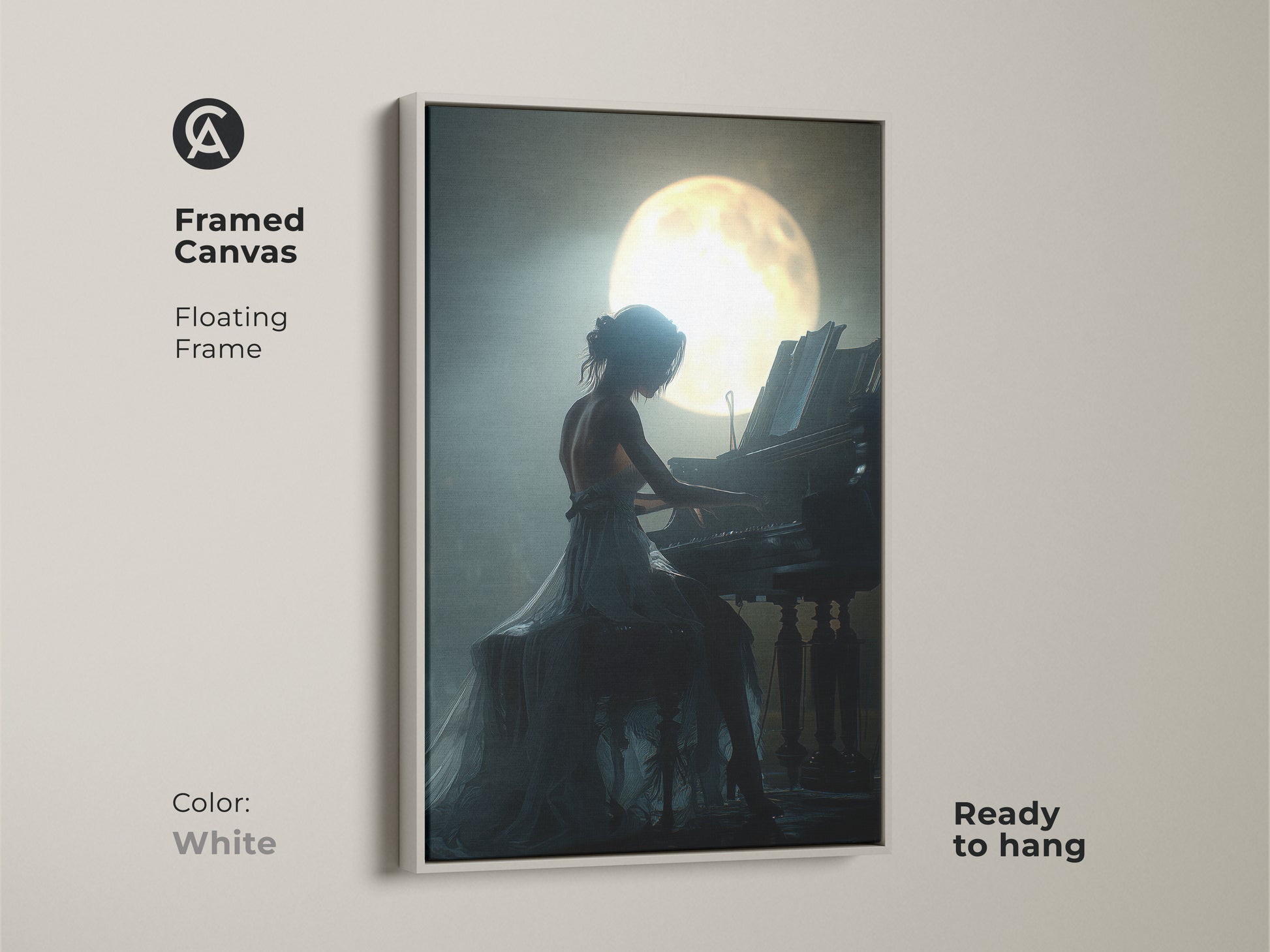 Framed canvas of a woman playing piano under moonlight. The white floating frame is ready to hang. The romantic music artwork uses deep blue teal colors. This fine art print for home is a great gift for music lovers. It's also a great anniversary gift wall art.