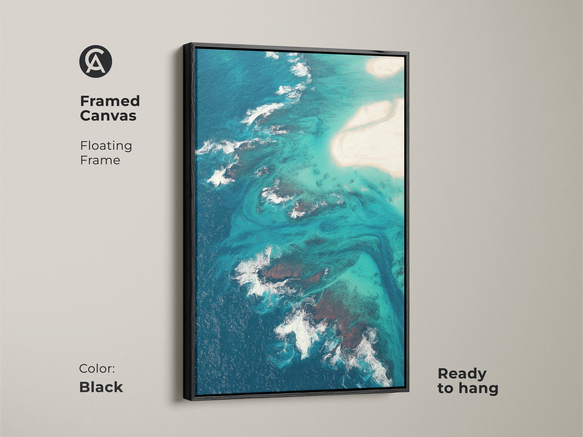 Framed canvas of abstract aerial ocean art. Black floating frame enhances the turquoise beach wall art. The deep blue ocean artwork is ready to hang. A perfect coastal living room art. Ideal for nautical wall art decor.