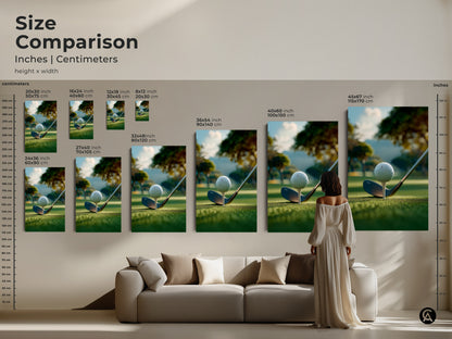 Size comparison of golf art prints in inches and centimeters. See the difference between 8x12 inch and 45x67 inch prints. Find the perfect size for your space. All golf art prints feature a golf ball on a tee ready to be hit.