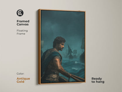 Framed canvas featuring historical maritime art. This warrior sailing ship print in navy gold and teal adds epic adventure to any room. It is perfect study room wall decor. The gift for history lovers is a striking man cave wall hanging. The antique gold floating frame enhances classic maritime decor