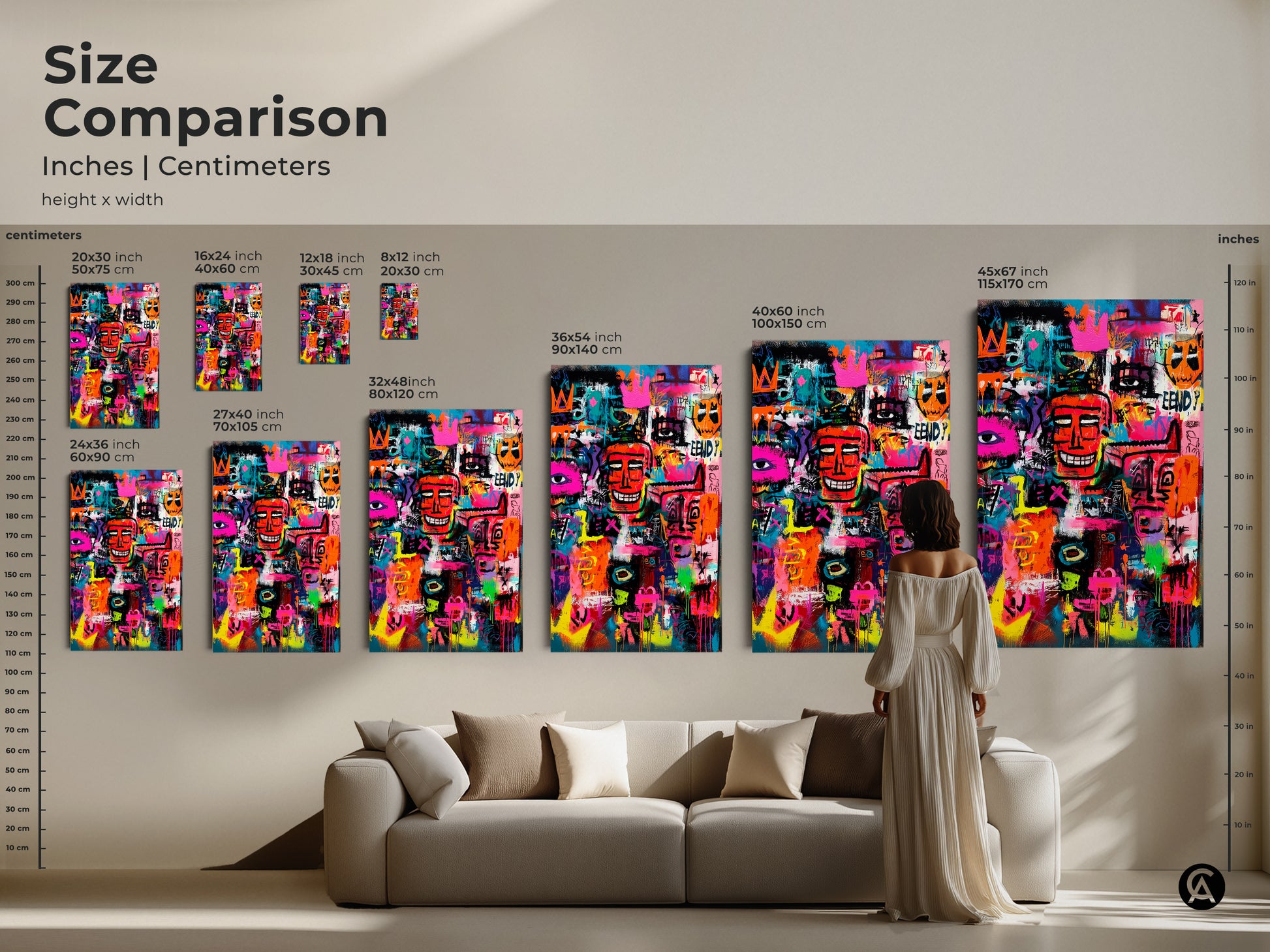 Size comparison of modern graffiti art prints. See how each piece complements your living space. A woman is standing next to a couch to help visualize the different artwork sizes. Explore the different sizes now.