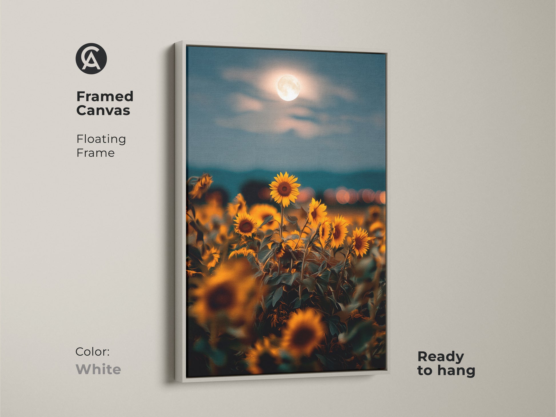 Framed canvas in white displaying sunflowers under a moonlit sky. This boho floral wall decor is ready to hang with a floating frame. The dreamy impressionistic print brings a soft and inviting touch to any room. Ideal as a gift.