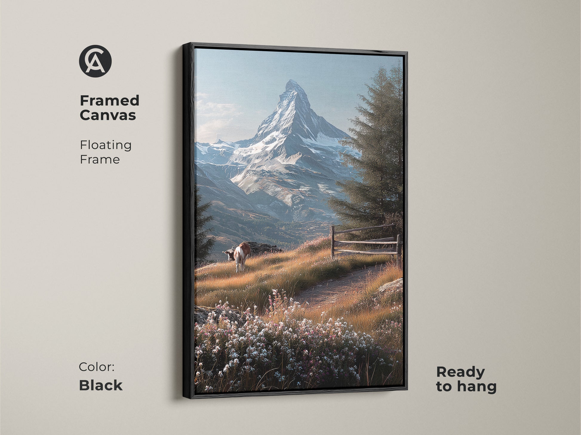 Black framed canvas featuring Matterhorn mountain landscape art. This floating frame canvas is ready to hang. Artwork shows a cow grazing in a wildflower meadow. The iconic Swiss Alps peak is visible in the background.