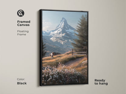 Black framed canvas featuring Matterhorn mountain landscape art. This floating frame canvas is ready to hang. Artwork shows a cow grazing in a wildflower meadow. The iconic Swiss Alps peak is visible in the background.
